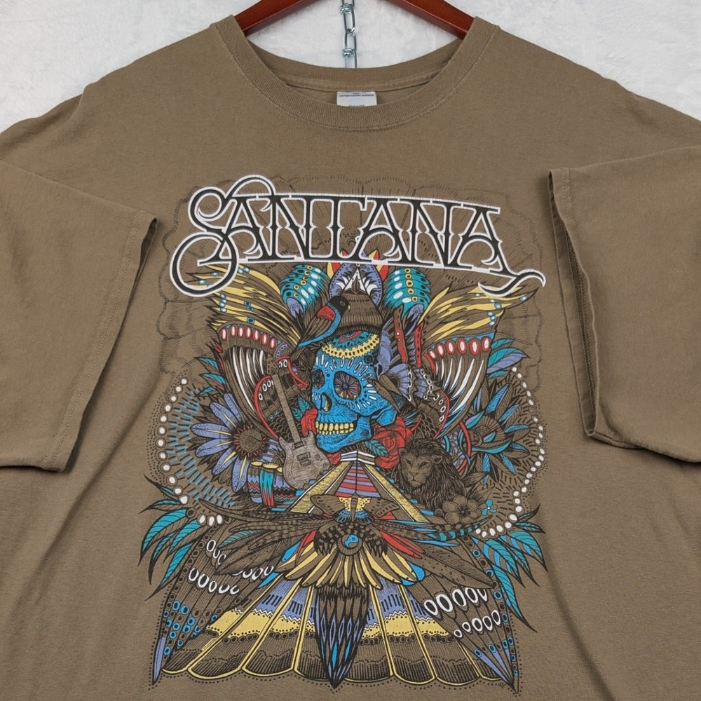 VTG Gildan T-Shirt Men 2XL Brown Santana Band Latin Rock Aztec Skull Graphic Y2K
